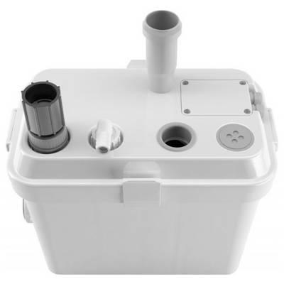 Pompe de relevage en plastique blanc avec plusieurs raccordements en haut. Adaptée aux installations sanitaires, compacte et robuste.