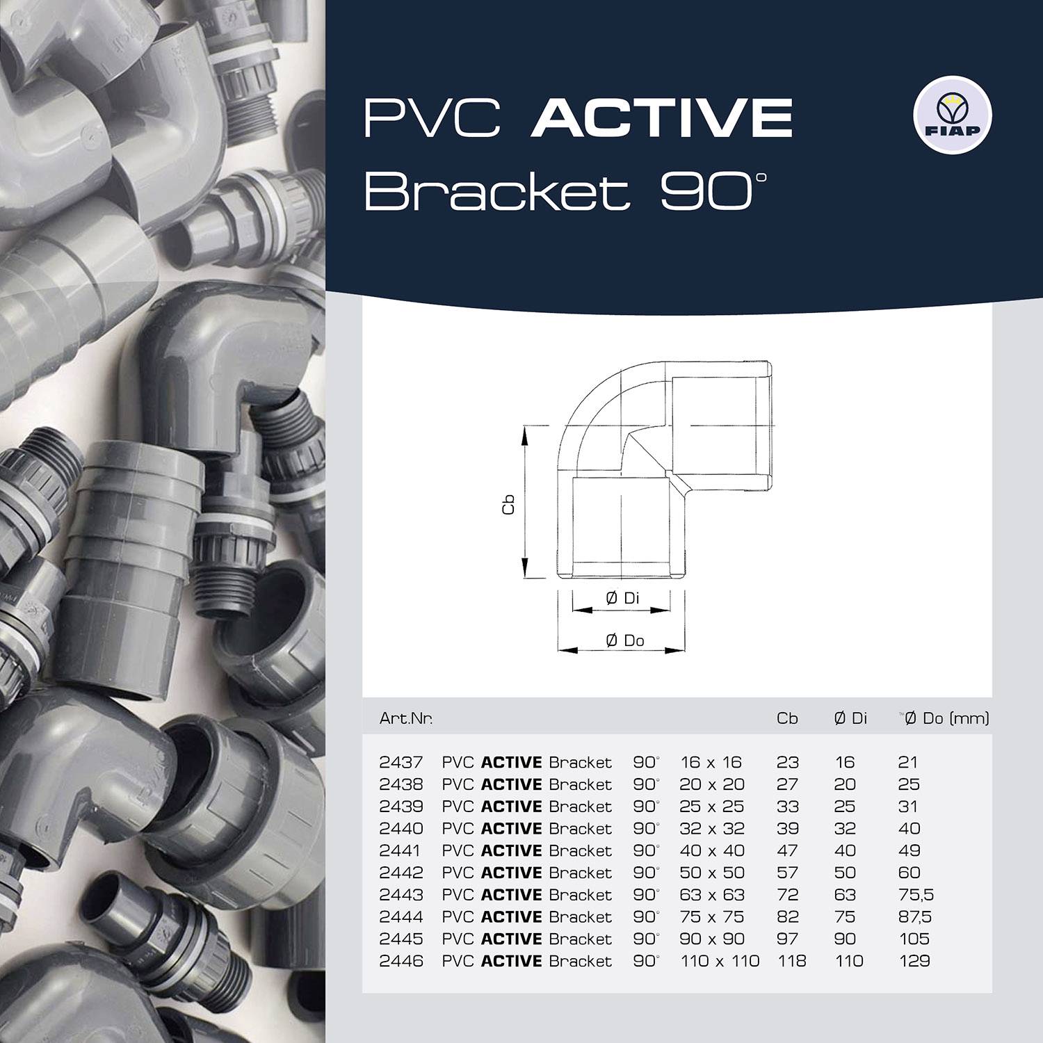 'Support ACTIVE PVC 90°' montre des raccords d'angle en plastique gris à 90 degrés, un dessin technique et un tableau avec des indications de dimensions.