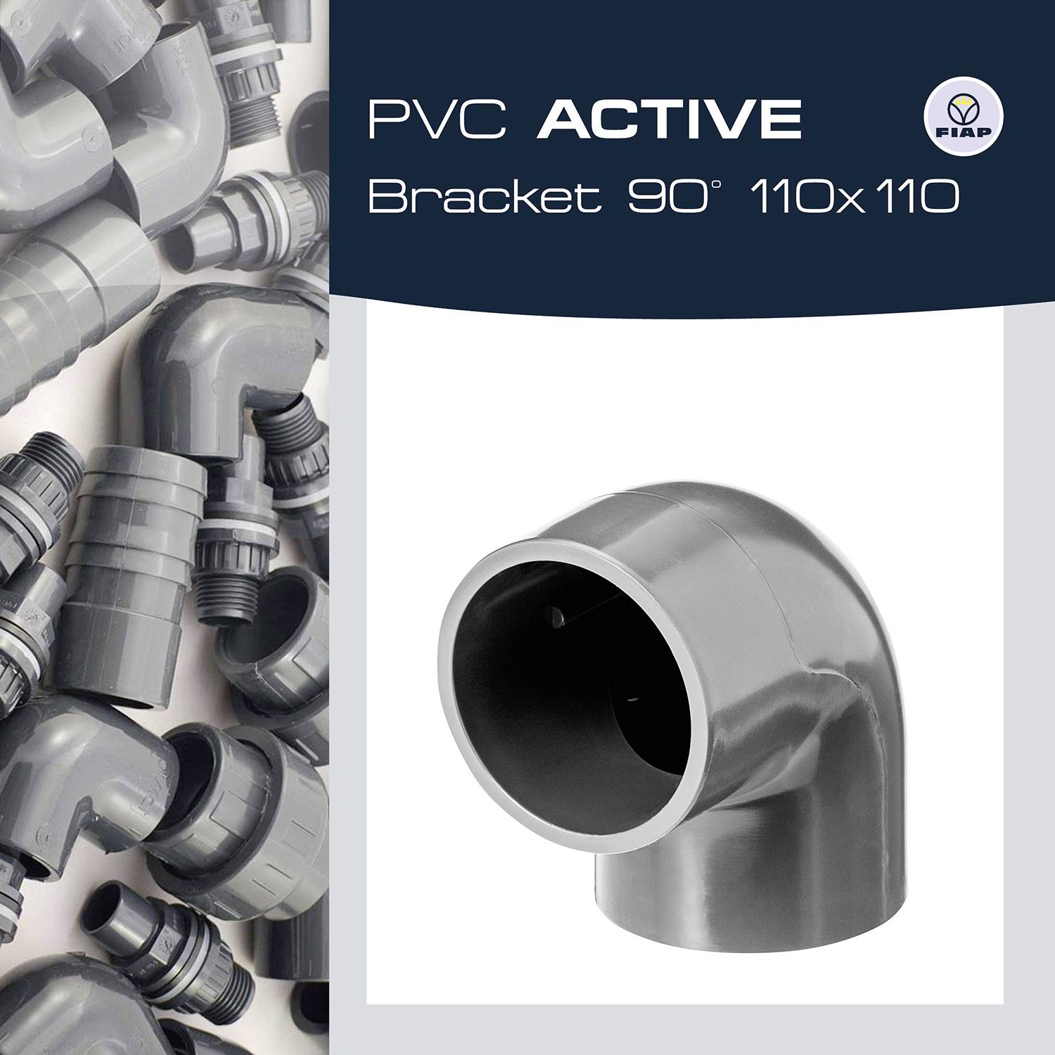 'Support PVC ACTIF 90° 110x110' avec l'image d'un angle en PVC et plusieurs raccordements.