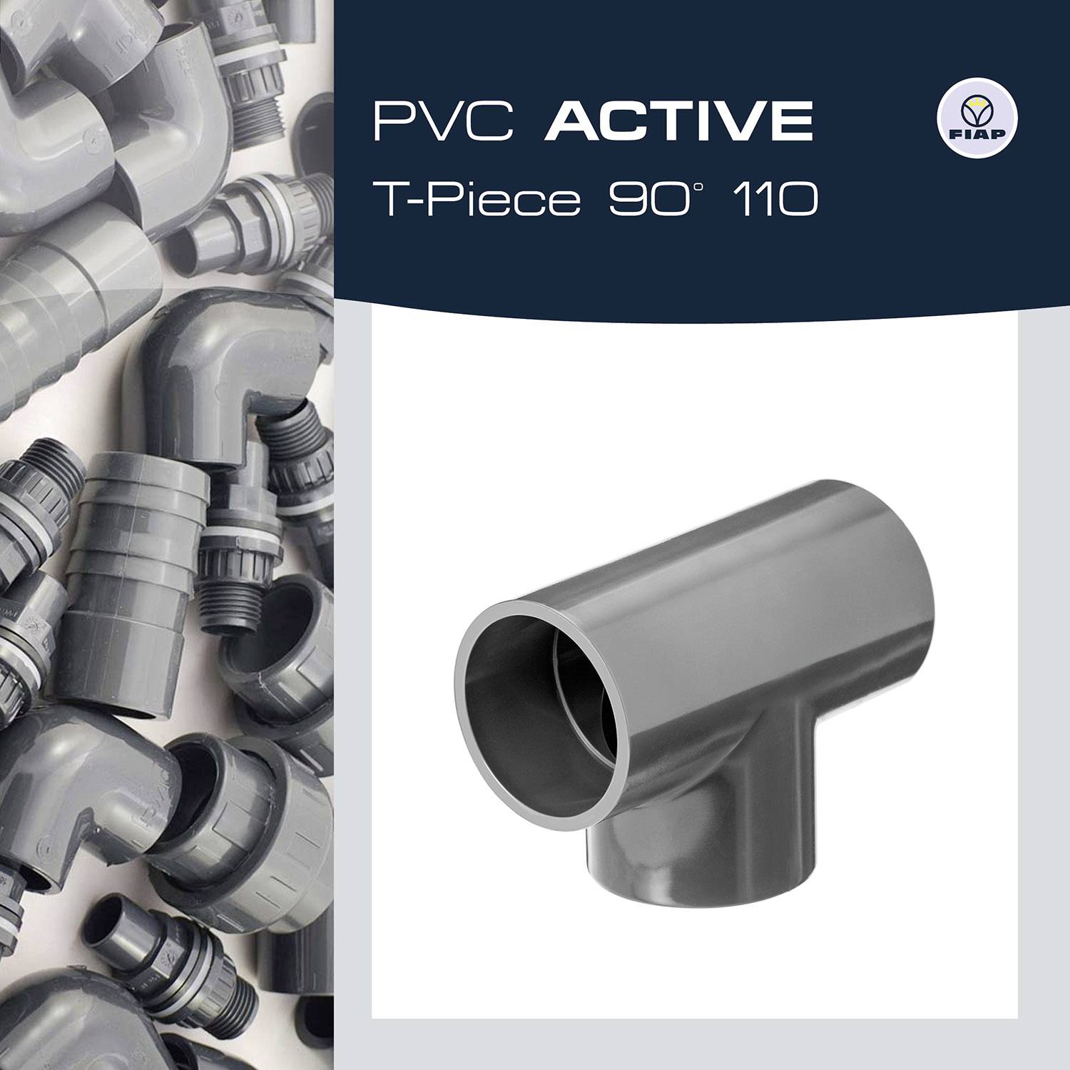 'PVC ACTIVE Té 90° 110' avec image du raccord de tuyau PVC gris présenté à droite, entouré de composants similaires à gauche.
