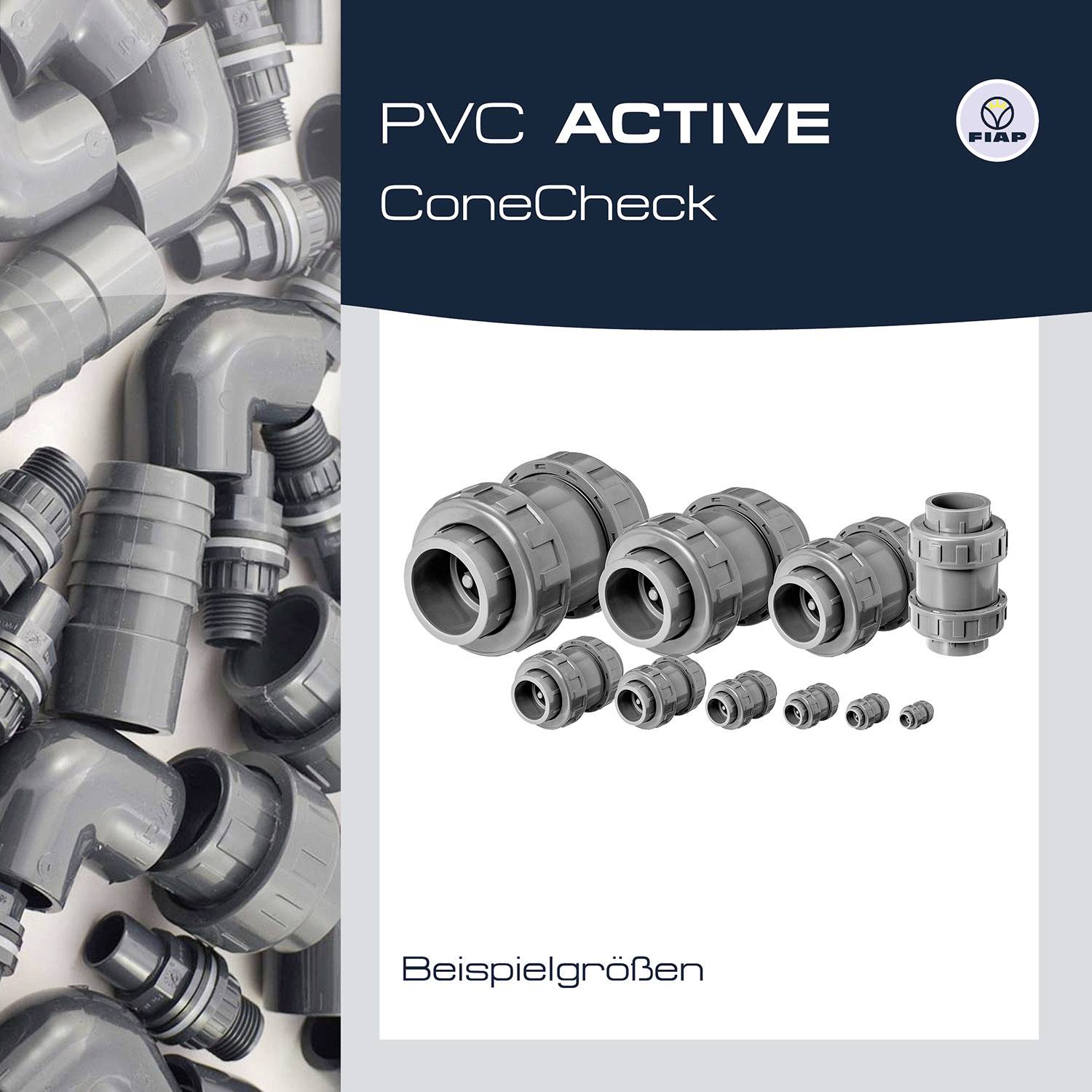 'PVC ACTIVE ConeCheck' : Différentes tailles de raccords de tuyaux en PVC sont disposées côte à côte. À gauche, plusieurs raccordements de tuyaux sont visibles.