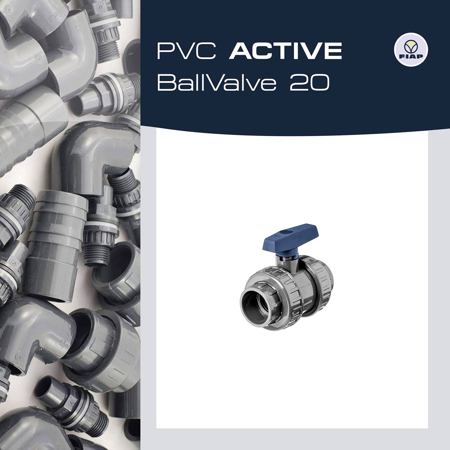 'Vanne à boule PVC ACTIVE 20' : Image d'une vanne à boule PVC grise avec une poignée bleue. À droite sur l'image, à gauche divers tuyaux et raccords.