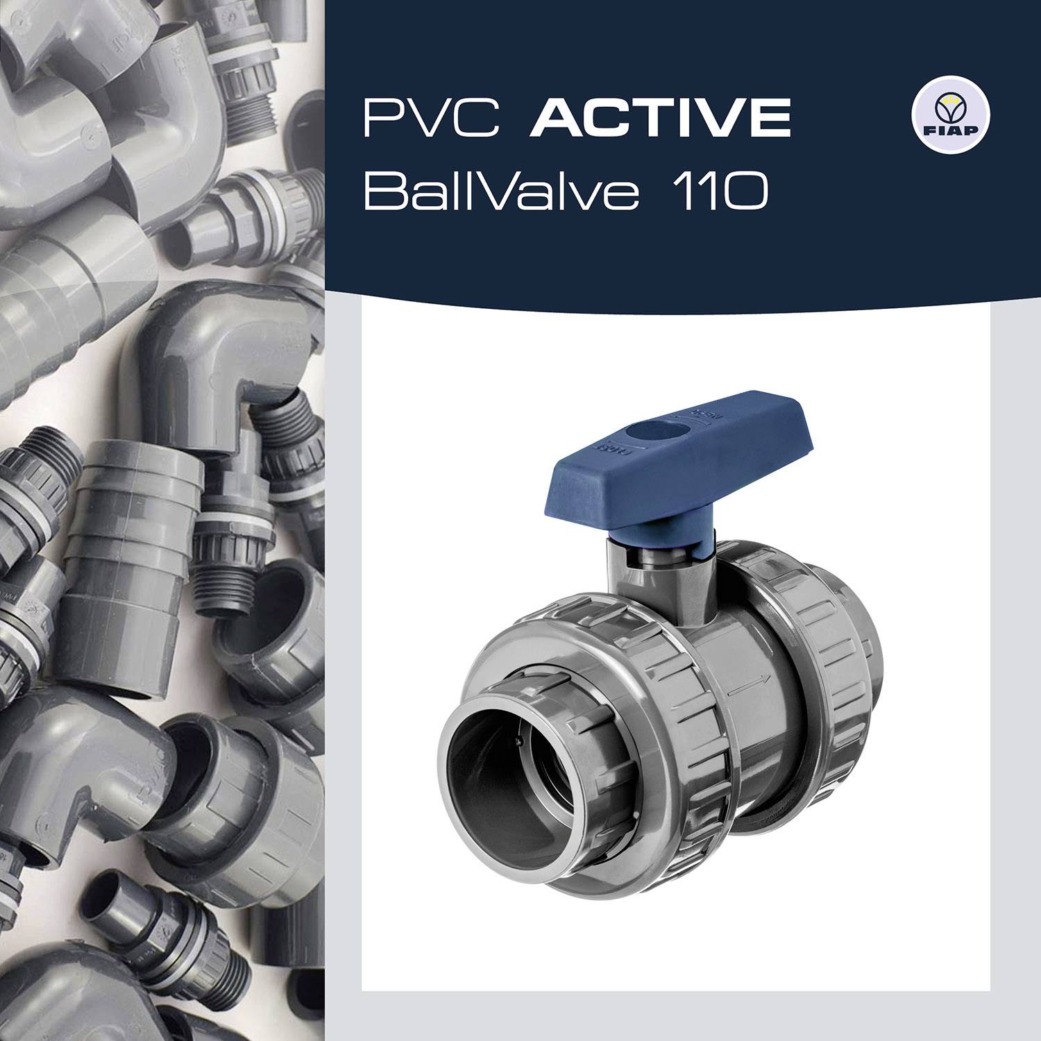Vanne à boisseau sphérique en PVC 'ACTIVE BallValve 110' avec poignée bleue, entourée de plusieurs coudes de tuyau gris.