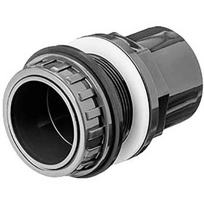 Un élément de connexion cylindrique gris avec des rainures et un joint d'étanchéité blanc, utilisé pour des applications électrotechniques.