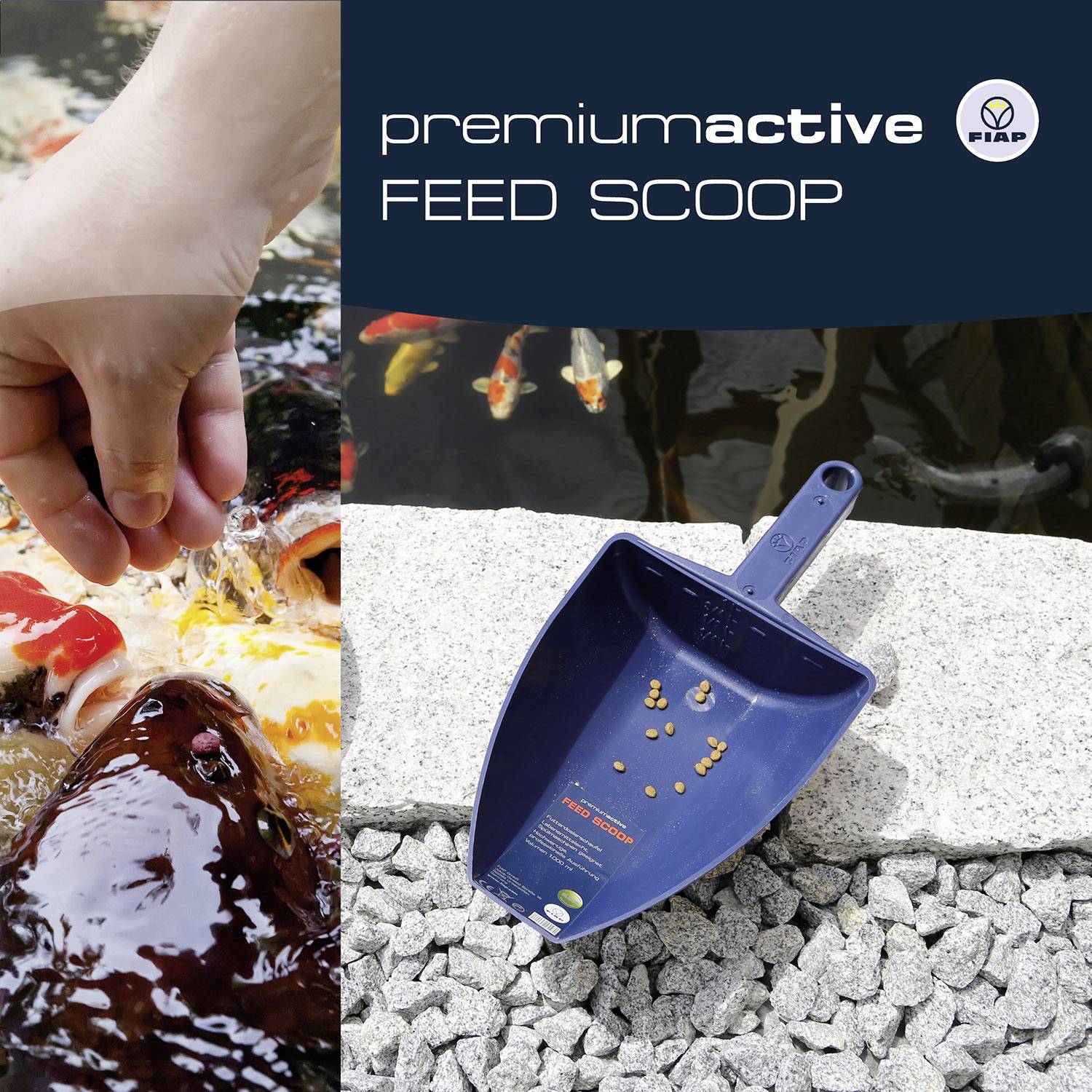 Une main nourrit des poissons dans l'étang. À côté, une pelle à nourriture bleue avec de la nourriture. Texte : 'premiumactive FEED SCOOP'.