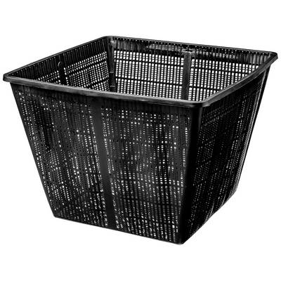 Panier en plastique noir, carré, au design ajouré, adapté au rangement ou au transport.