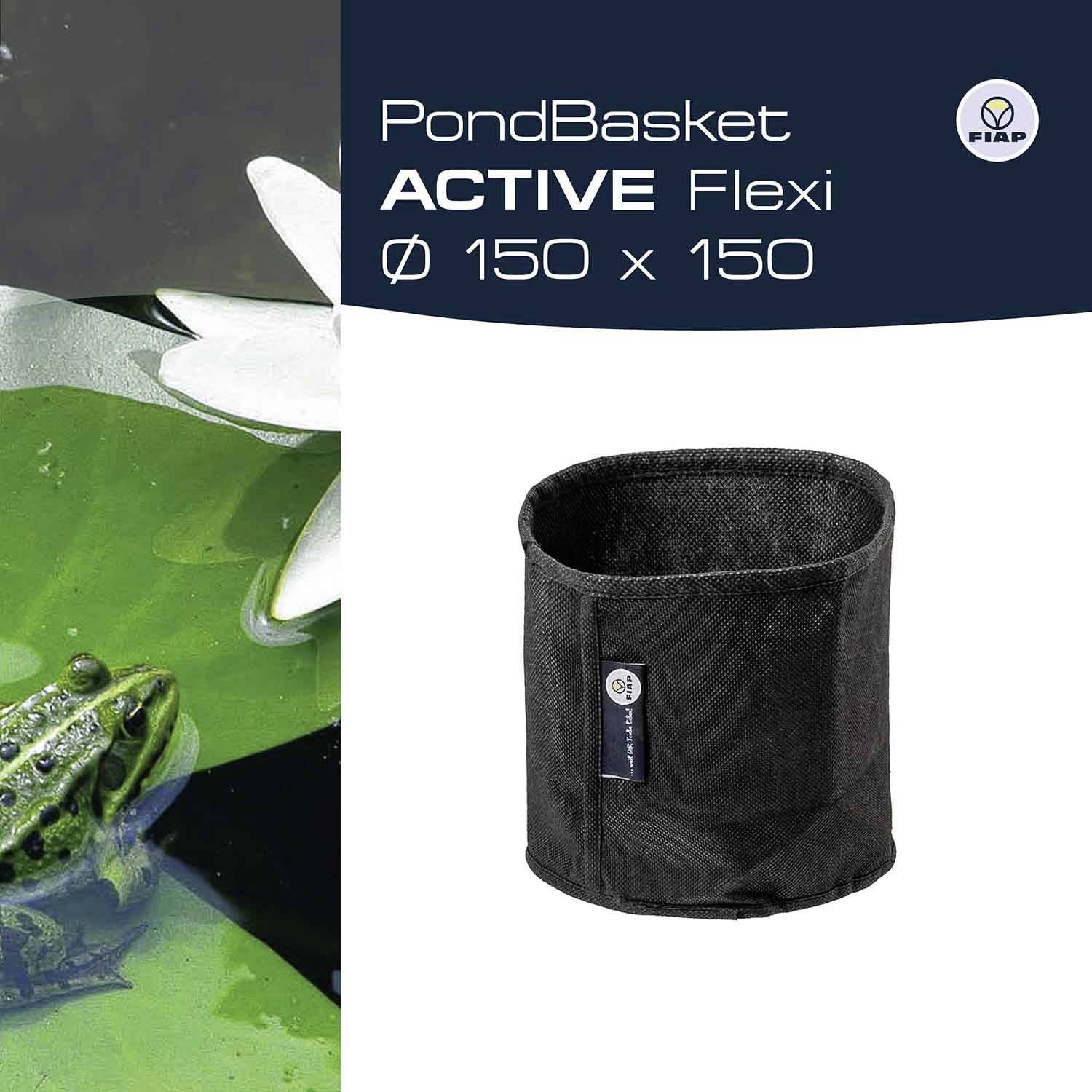'PondBasket ACTIVE Flexi Ø 150 x 150' présente un panier flexible noir, adapté aux étangs, à côté d'un gros plan d'une grenouille dans l'eau.