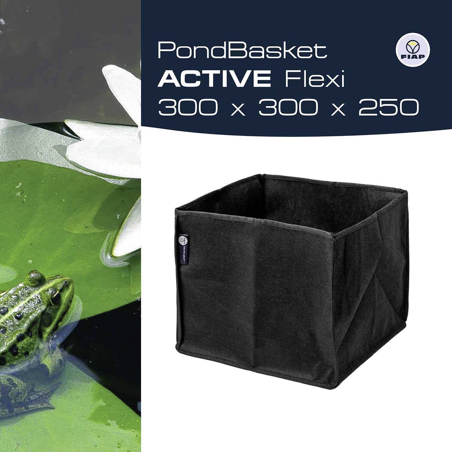 'PondBasket ACTIVE Flexi 300 x 300 x 250' est placé à côté de l'image d'un panier noir flexible. Une grenouille nage dans l'eau à côté d'une fleur.