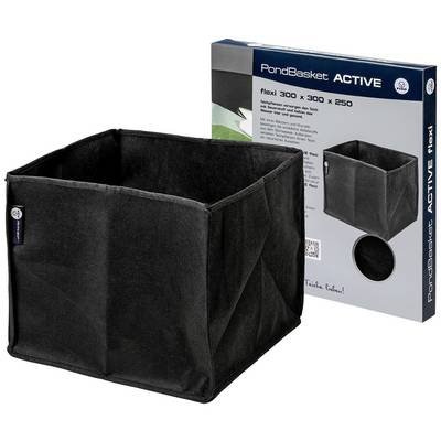 Un panier de plantation noir et flexible en tissu devant son emballage. Texte sur l'emballage : « PondBasket ACTIVE flexi 300 x 300 x 250 ».