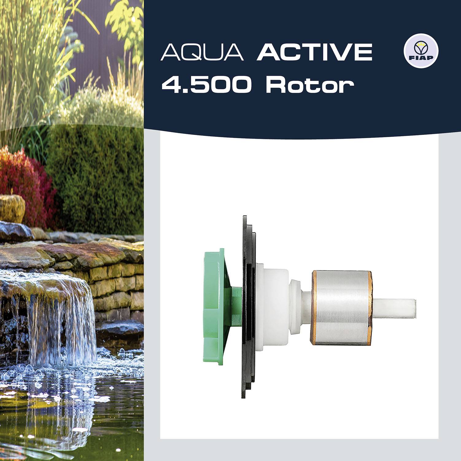 'FIAP AQUA ACTIVE 4.500 Rotor' présenté à côté d'une image d'eau coulante. Contient un schéma technique de composant avec des éléments verts et métalliques.
