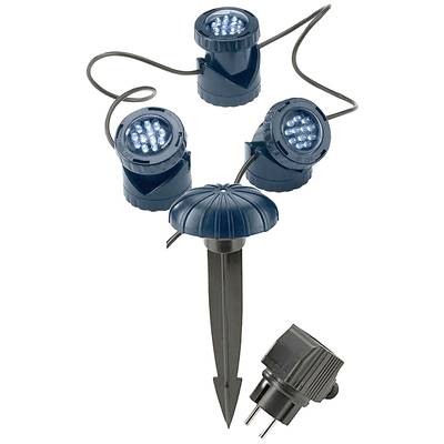 'Ensemble de projecteurs de jardin comprenant trois lampes LED rondes et un piquet de terre, reliés par un câble. Inclut une fiche secteur. Convient pour l'éclairage extérieur.'
