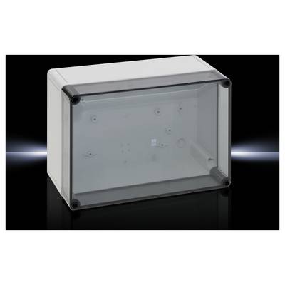 Boîtier électronique avec couvercle transparent, adapté pour protéger les composants électroniques. Forme rectangulaire, gris.