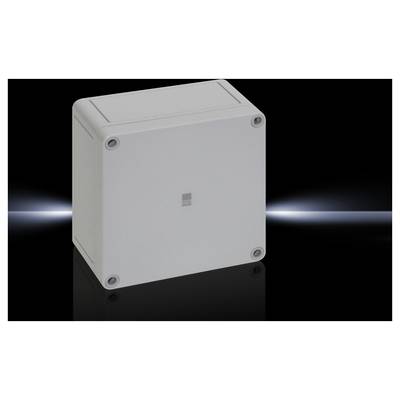 Un boîtier rectangulaire en plastique gris aux coins arrondis, pourvu de quatre trous de vis aux angles, sur un fond noir.