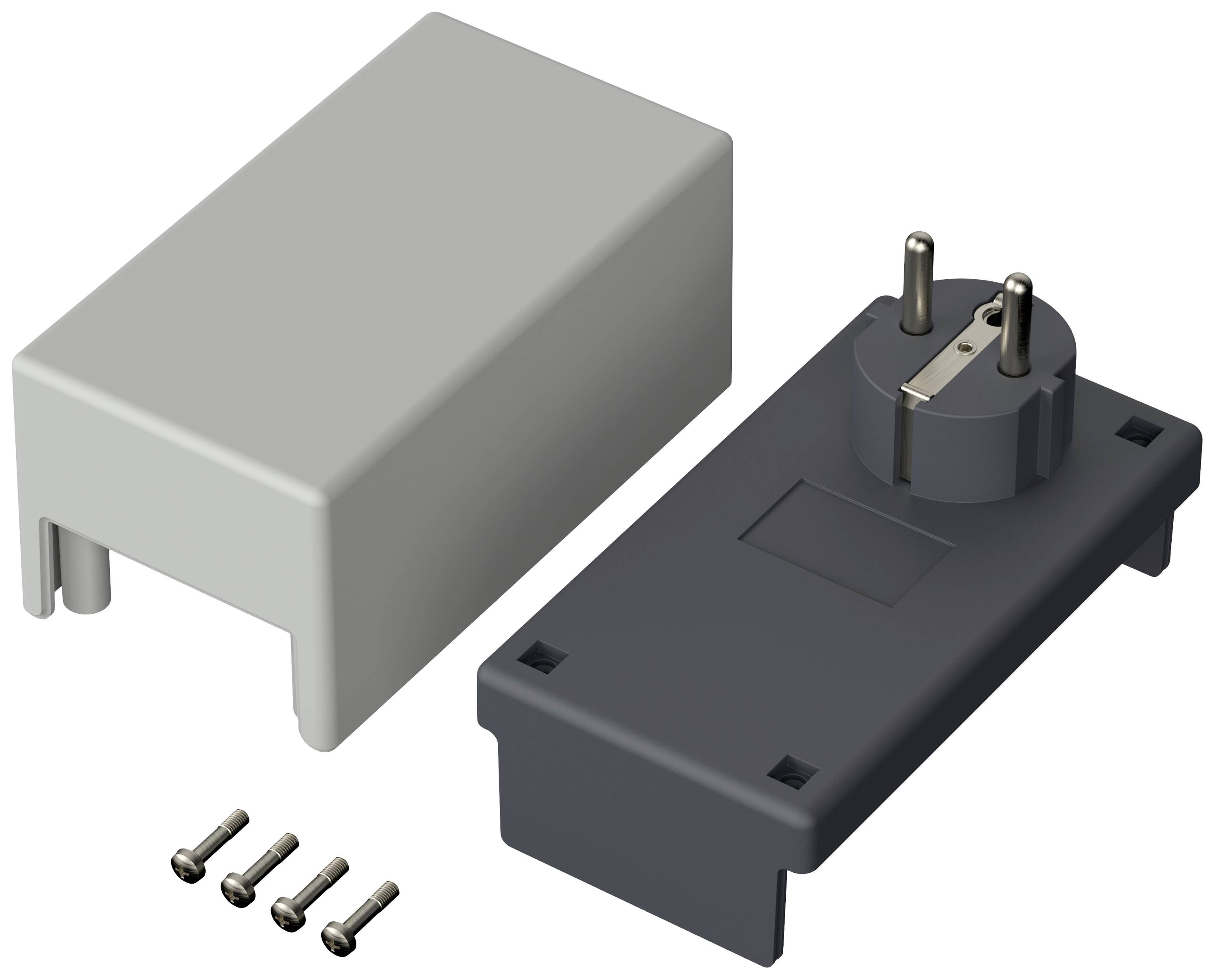 Un appareil gris rectangulaire avec un couvercle amovible, une connexion secteur et quatre petites vis.