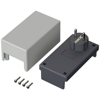 Un appareil gris rectangulaire avec un couvercle amovible, une connexion secteur et quatre petites vis.