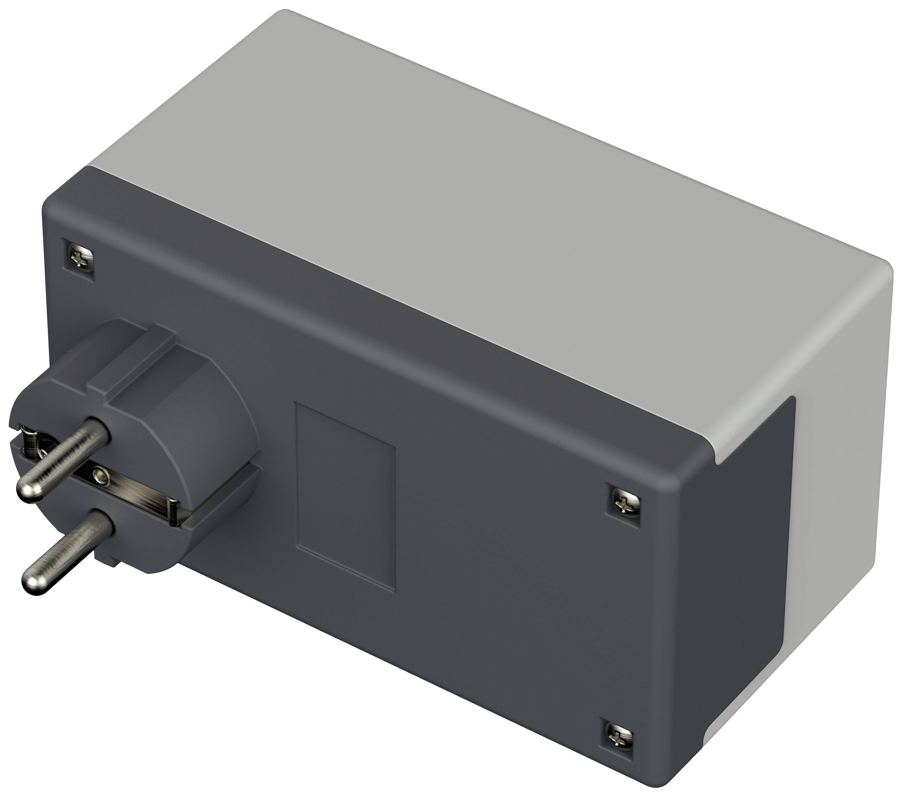 Un adaptateur rectangulaire gris avec deux broches métalliques rondes pour une prise électrique, sans aucune identification de marque visible.