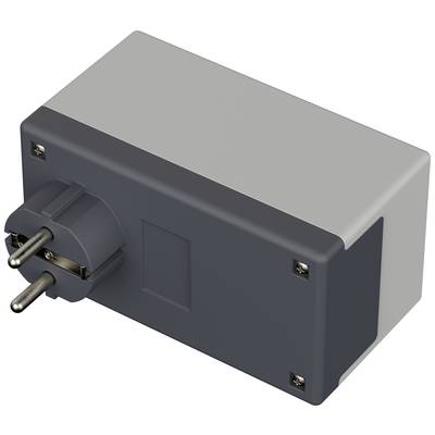 Un adaptateur rectangulaire gris avec deux broches métalliques rondes pour une prise électrique, sans aucune identification de marque visible.