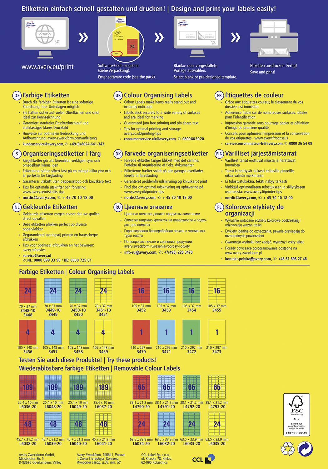 'Créez et imprimez facilement et rapidement des étiquettes !' Étiquettes colorées, tailles et couleurs pour s'organiser. Informations sur le produit et instructions d'utilisation.