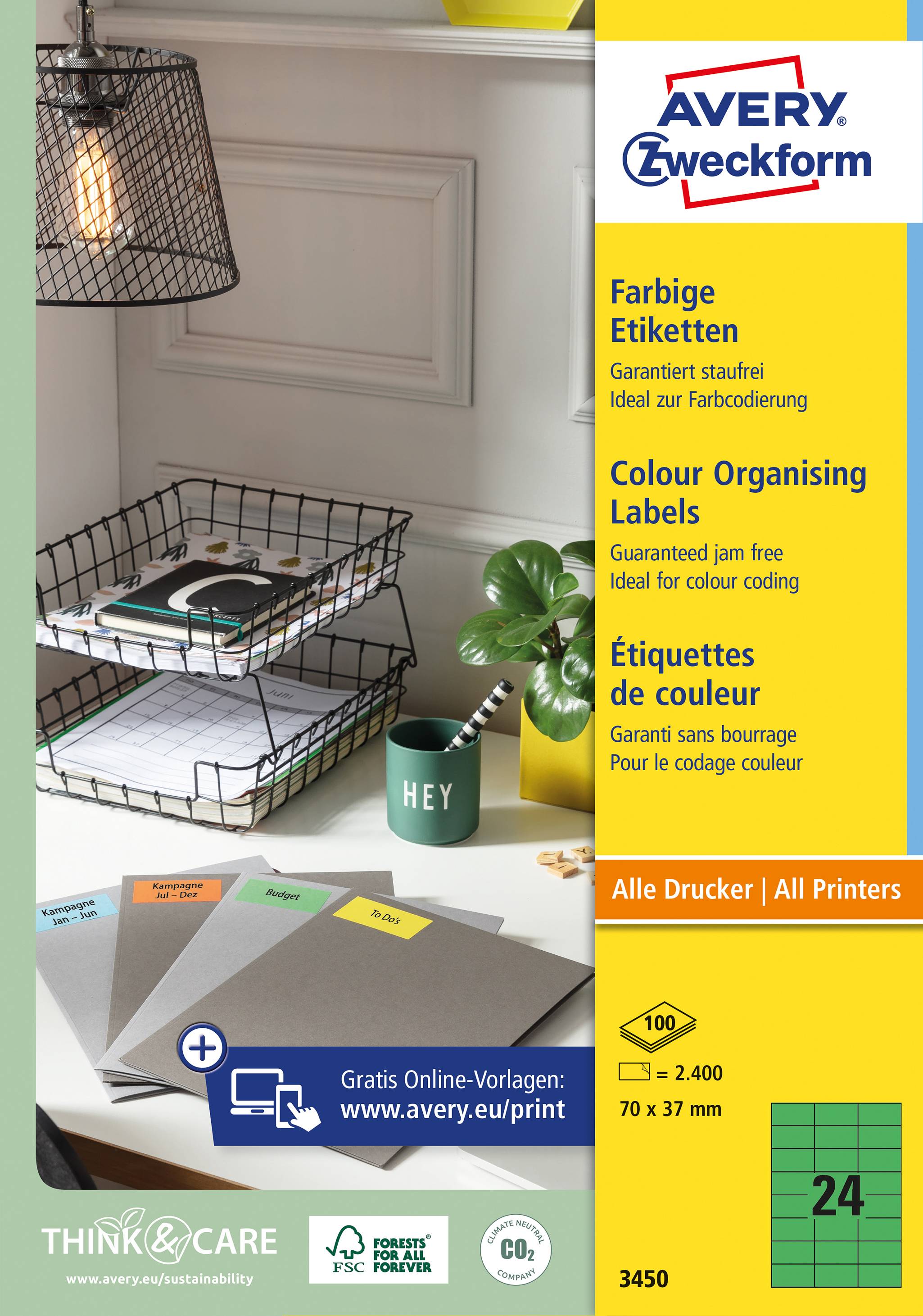 Publicité pour les étiquettes colorées Avery Zweckform, adaptées à tous les types d'imprimantes, disponibles en différentes couleurs, format 70 x 37 mm, 24 étiquettes par feuille.