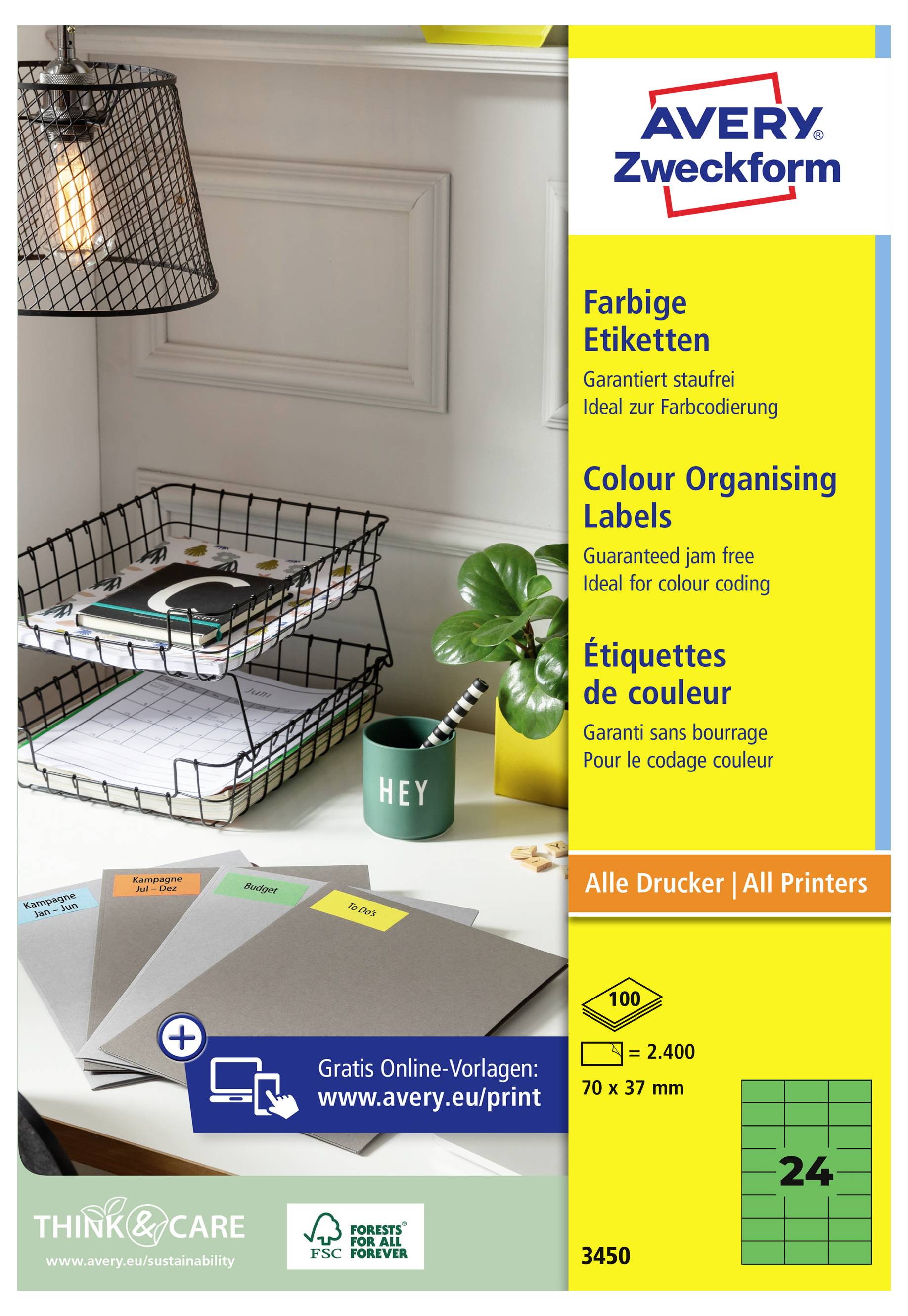 Avery-Zweckform 3450 Etiquette universelles 70 x 37 mm papier vert 2400 pc(s) fixation permanente imprimante à jet d'enc-0