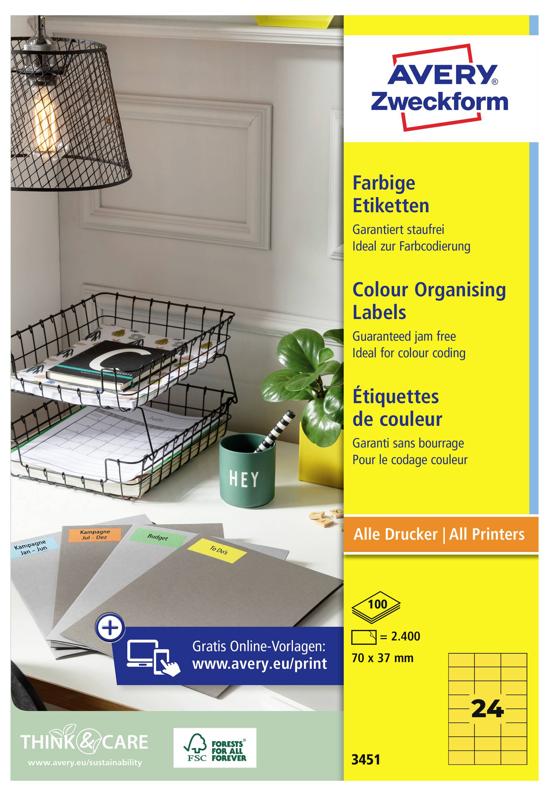 Étiquettes d'organisation de couleur Avery Zweckform en plusieurs langues, affichant 2 400 modèles gratuits, 70 x 37 mm, 24 étiquettes par feuille.