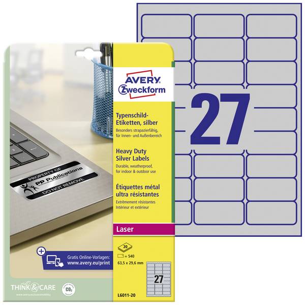 Avery-Zweckform L6011-20 Etiquette plaques signalétiques 63.5 x 29.6 mm film de polyester argent 540 pc(s) fixation permanente  imprimante laser, photocopieuse, inscription à main