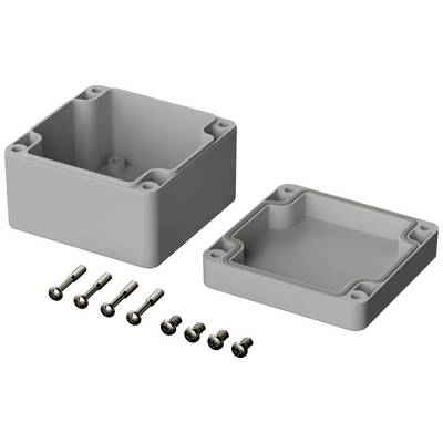 Boîtier en aluminium anodisé gris, divisé en deux parties et fixé par sept vis. Adapté au montage de composants électroniques.