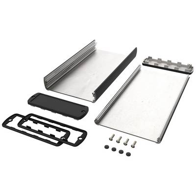 Boîtier en aluminium, composé de deux profilés latéraux, de deux plaques de couverture, de joints en caoutchouc, de vis et de capuchons d'extrémité, sur fond blanc.