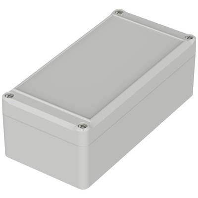 Boîtier rectangulaire en plastique gris avec couvercle amovible et vis aux quatre angles, adapté aux applications électrotechniques.