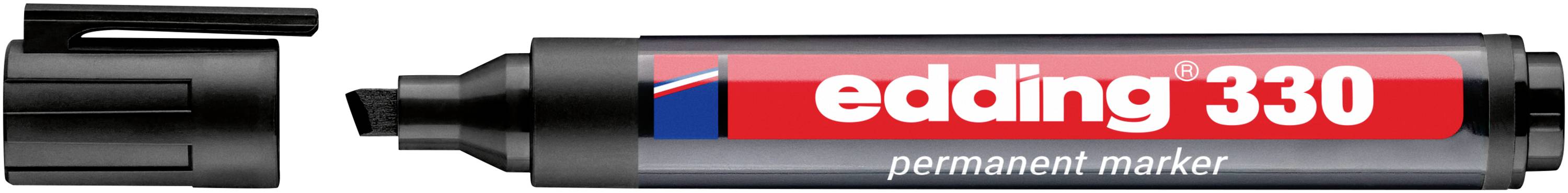 Marqueur permanent noir avec capuchon montré à gauche et pointe exposée, étiqueté « edding 330 ».