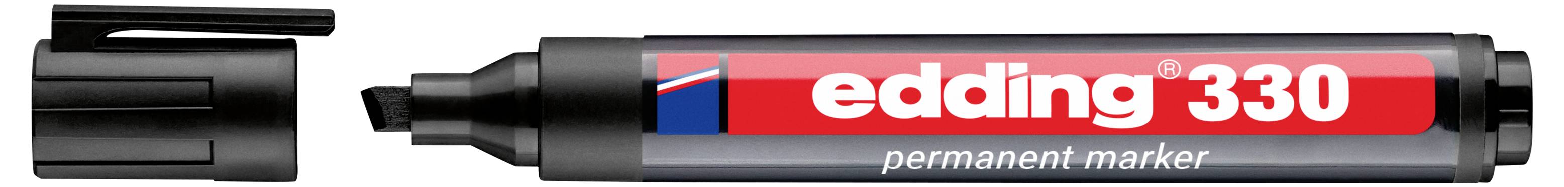 Marqueur permanent Edding 330 noir avec capuchon montré à côté, présentant une étiquette rouge et noire.