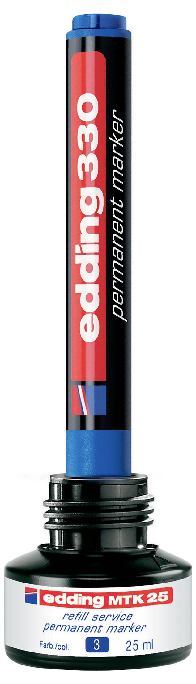 Marqueur permanent de style recharge Ediding MTK 25 en noir et bleu, présenté verticalement sur un fond blanc avec une pointe de 3 mm et une étiquette de 25 ml.