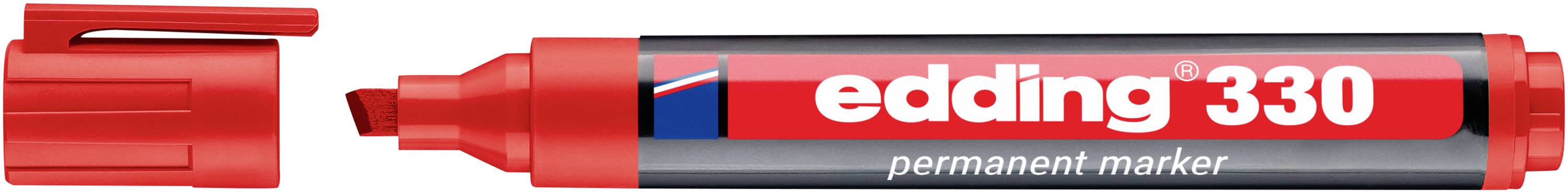 Un marqueur permanent Edding 330 rouge avec le capuchon retiré, montrant la pointe biseau rouge et le corps noir-rouge étiqueté « edding 330 ».