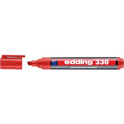 Un marqueur permanent Edding 330 rouge avec le capuchon retiré, montrant la pointe biseau rouge et le corps noir-rouge étiqueté « edding 330 ».