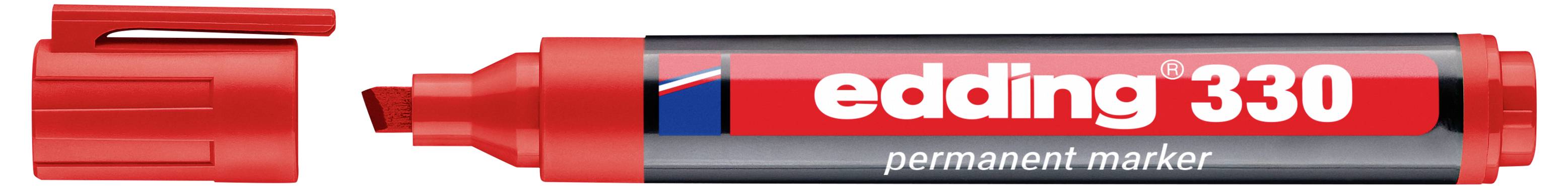 Marqueur permanent Red Edding 330 avec capuchon retiré, montrant la pointe fine rouge et le fût de marque.