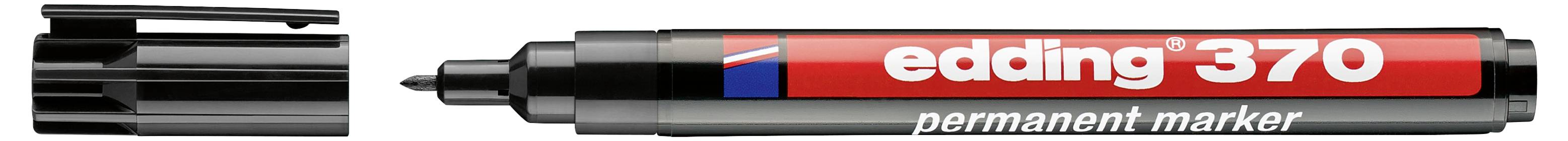 Marqueur permanent Edding 370 à capuchon noir avec une pointe noire et une étiquette rouge et blanche sur fond blanc.