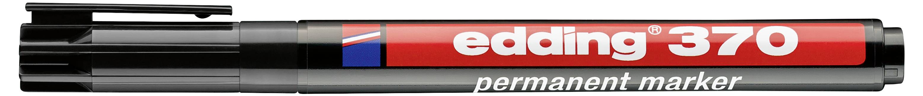 Marqueur permanent noir étiqueté « edding 370 » avec un corps et un capuchon rouge et noir, présenté horizontalement sur fond blanc.