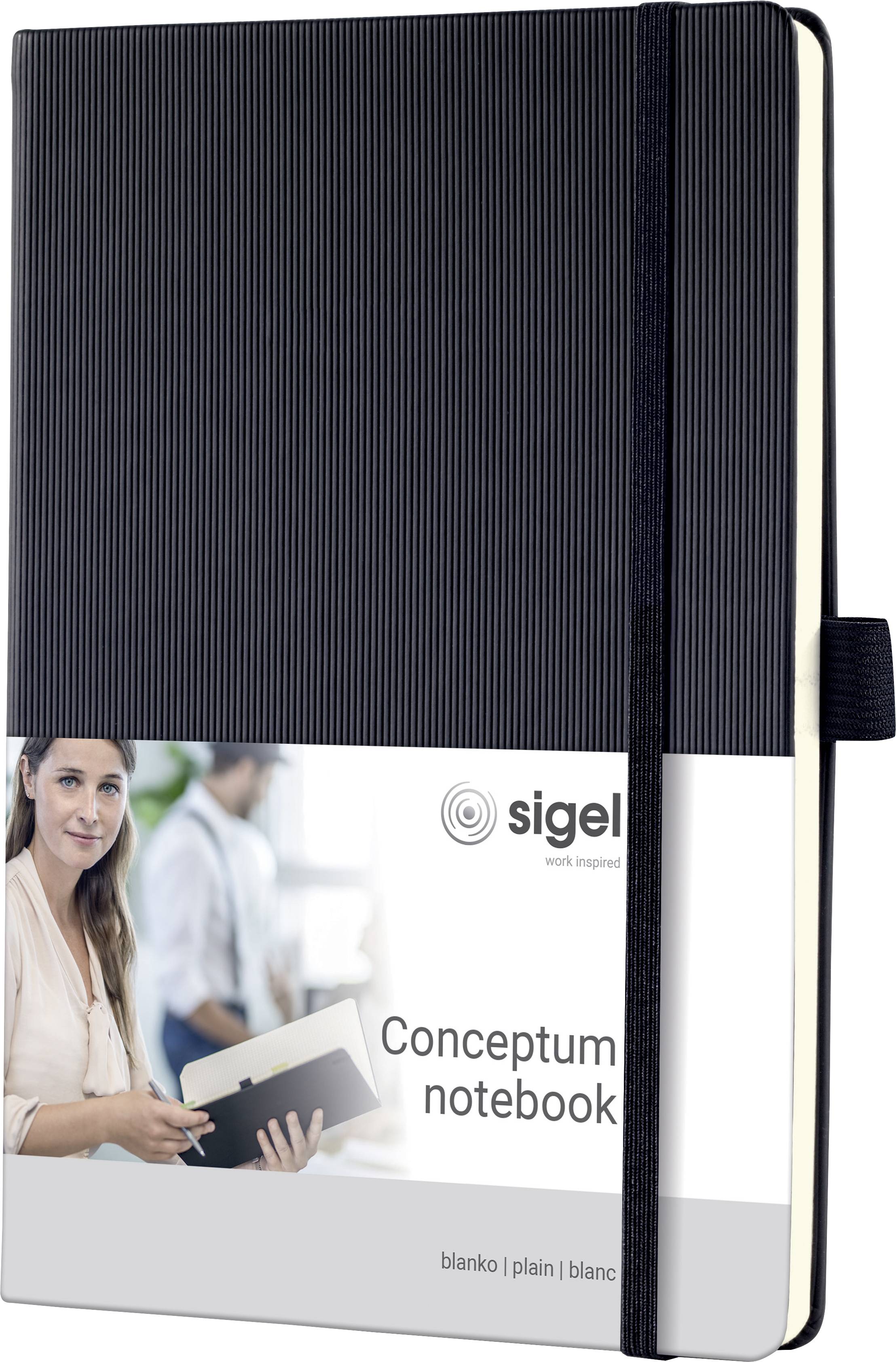 Carnet avec couverture noire et bande élastique. Sur la banderole en bas : « sigel Conceptum notebook ». Une femme tient un livre similaire.