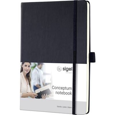 Carnet avec couverture noire et bande élastique. Sur la banderole en bas : « sigel Conceptum notebook ». Une femme tient un livre similaire.