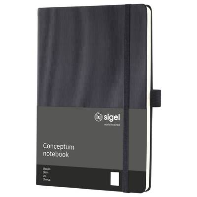 Carnet 'Conceptum' Sigel noir avec fermeture élastique et couverture lignée, présenté en vue avant du conditionnement du produit.