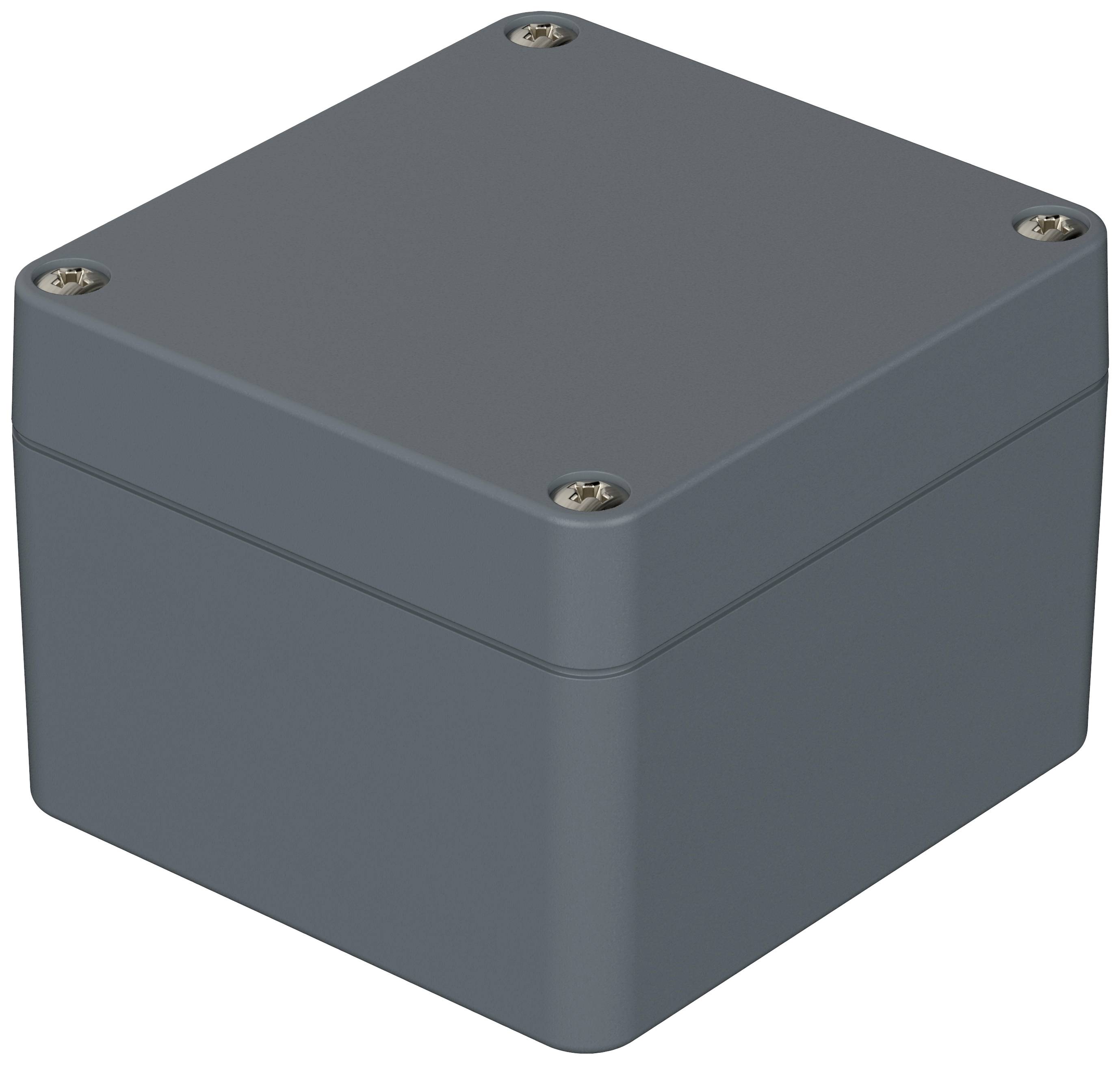 Boîtier carré gris avec quatre vis aux angles, adapté pour l'électronique ou le câblage.