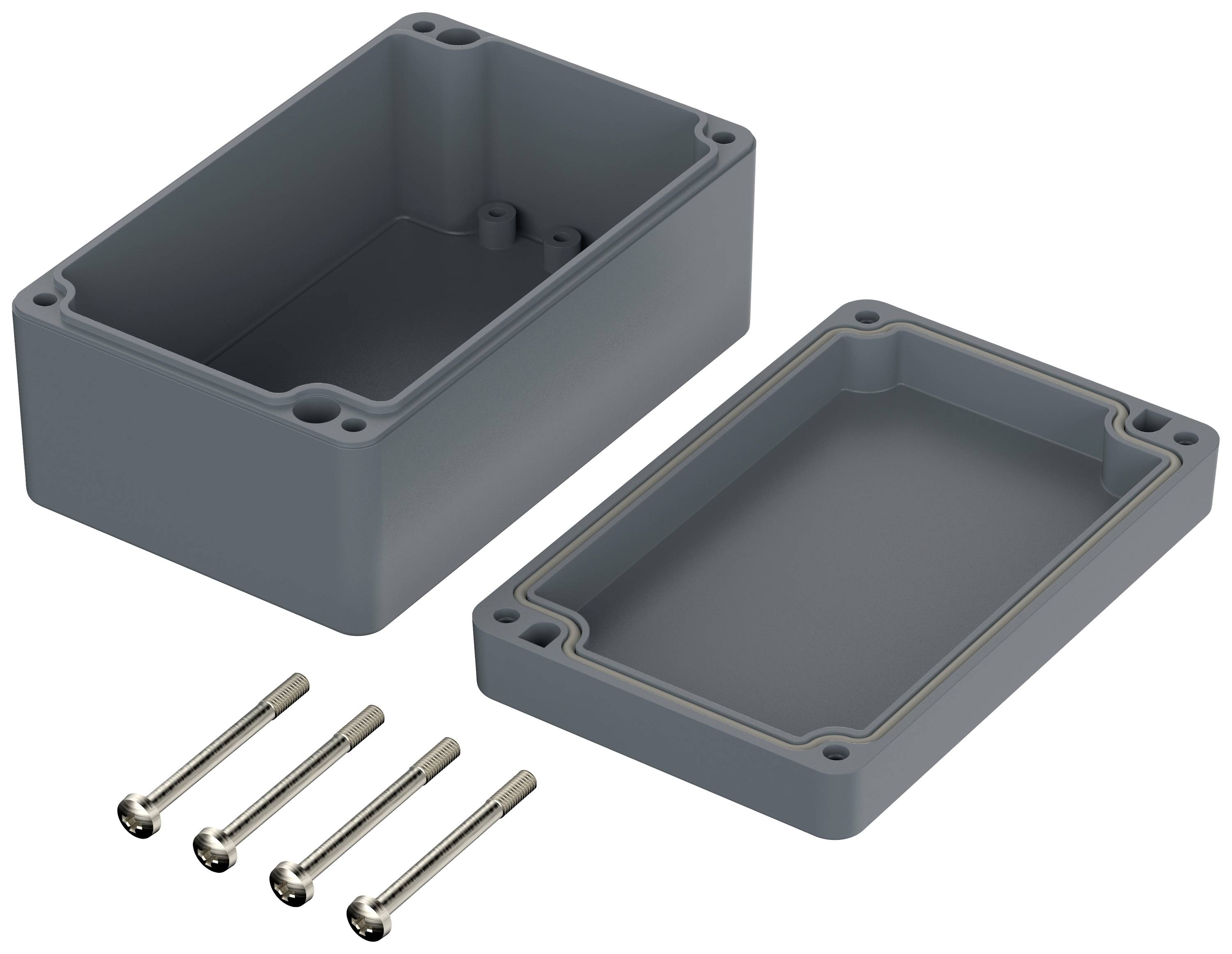 Boîtier en plastique gris en deux parties, maintenu par quatre vis argentées. La porte est retirée, l'intérieur est visible. Adapté pour l'électronique.