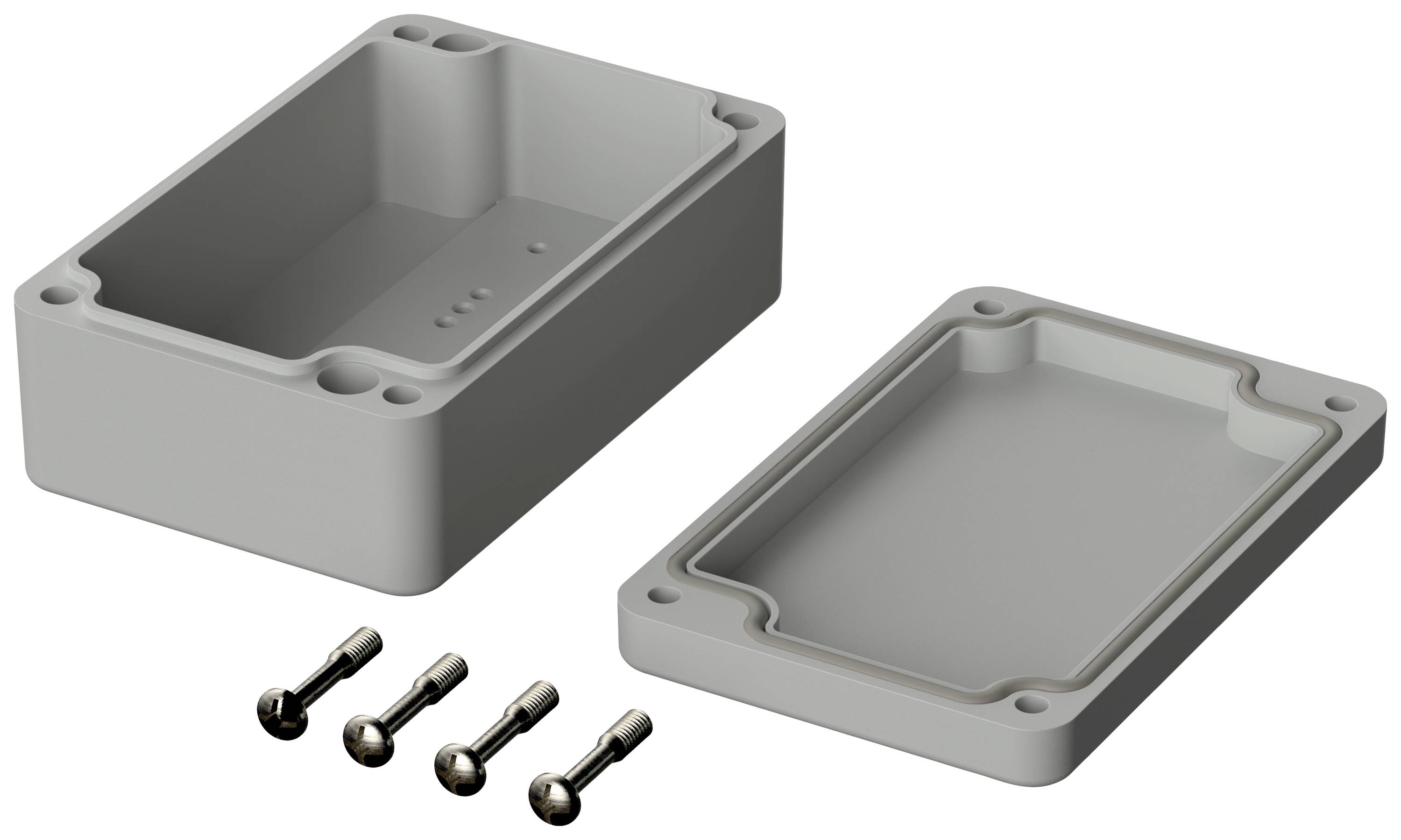 Boîtier en deux moitiés avec des vis. Boîte ouverte en haut, couvercle inférieur adapté avec des saillies pour la fixation par vis.