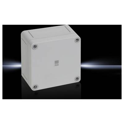 Boîtier électronique à façade carrée et quatre vis, sur fond sombre. Adapté pour les installations électriques.