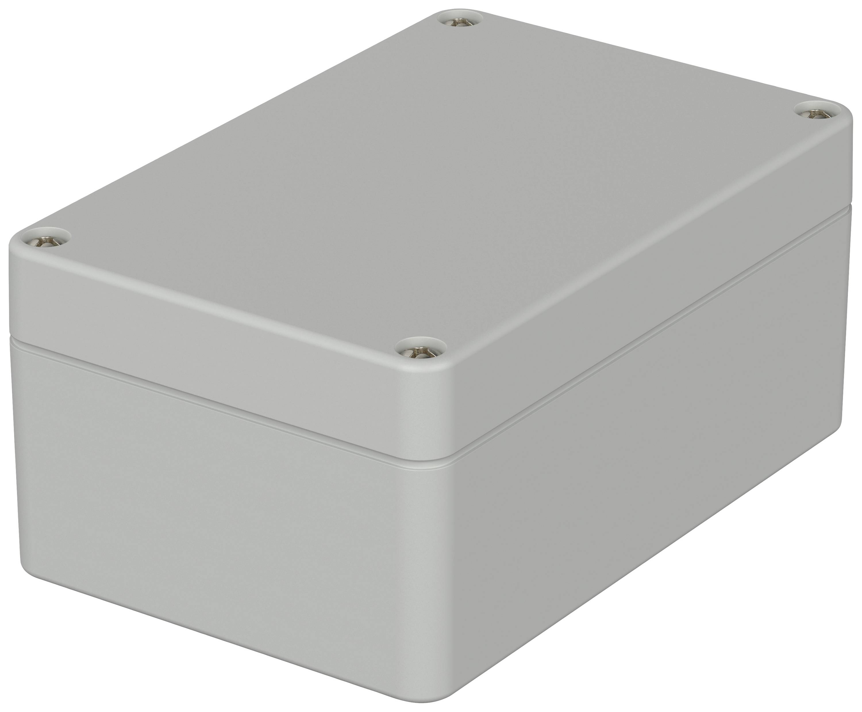 Boîtier gris, rectangulaire avec des coins arrondis et quatre vis aux angles. Adapté pour le rangement de composants électroniques ou d'appareils.