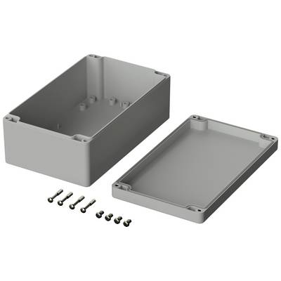 Boîtier électronique gris rectangulaire avec un couvercle amovible, accompagné de huit vis de fixation. Adapté à diverses applications.