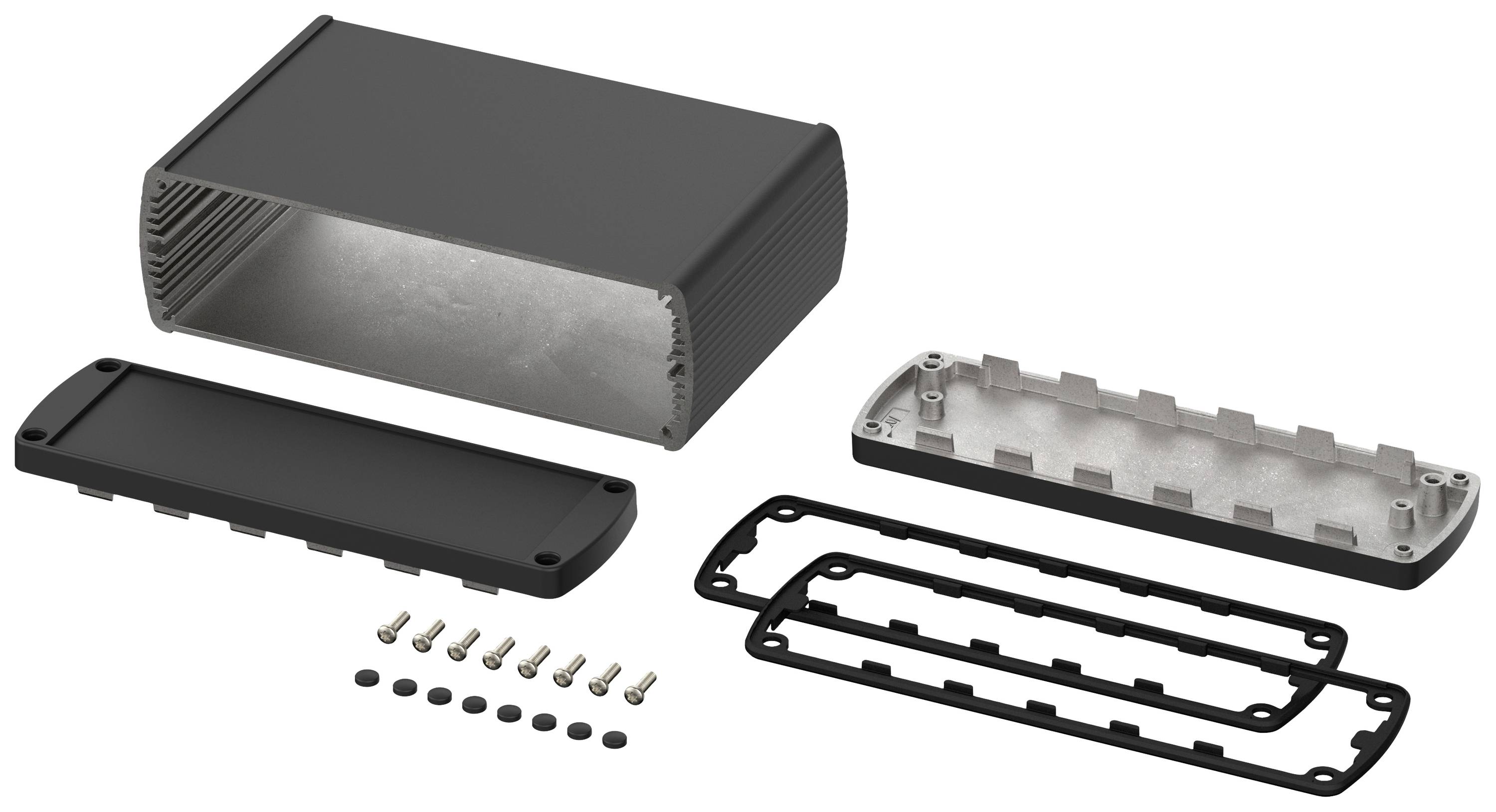 Boîtier rectangulaire noir en aluminium en pièces détachées : corps principal, couvercles, joints et vis ; prêt à être assemblé.
