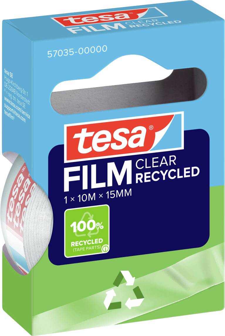 Emballage « ruban adhésif transparent en film recyclé » de tesa, présentant les dimensions du produit : 1x10m, 15mm. Comprend un symbole de recyclage et une mention « 100% recyclé ».