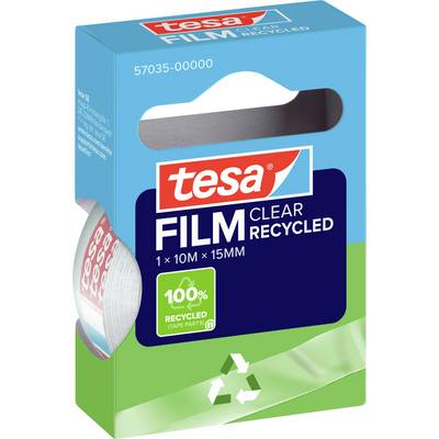 Emballage « ruban adhésif transparent en film recyclé » de tesa, présentant les dimensions du produit : 1x10m, 15mm. Comprend un symbole de recyclage et une mention « 100% recyclé ».