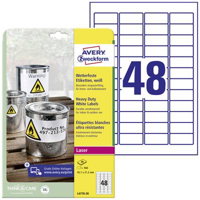 Etiquette plastique Avery-Zweckform L4778-20 45.7 x 21.2 mm film de polyester blanc 960 pc(s) fixation permanente 